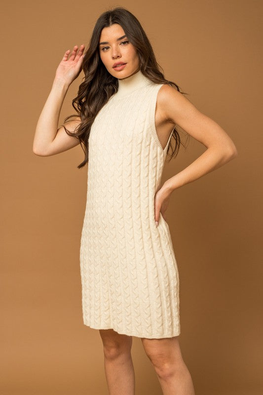 Cable Knit Mock Neck Sweater Dress
