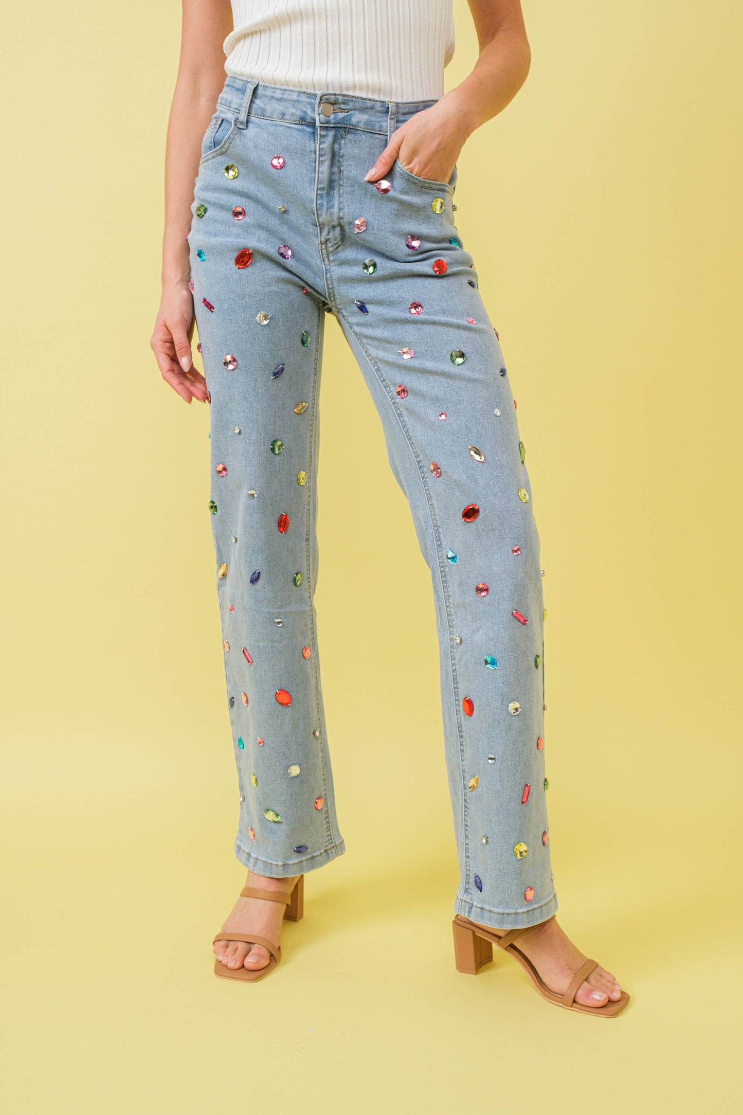 Mid Rise Rainbow Jewel Embellished Denim Jeans