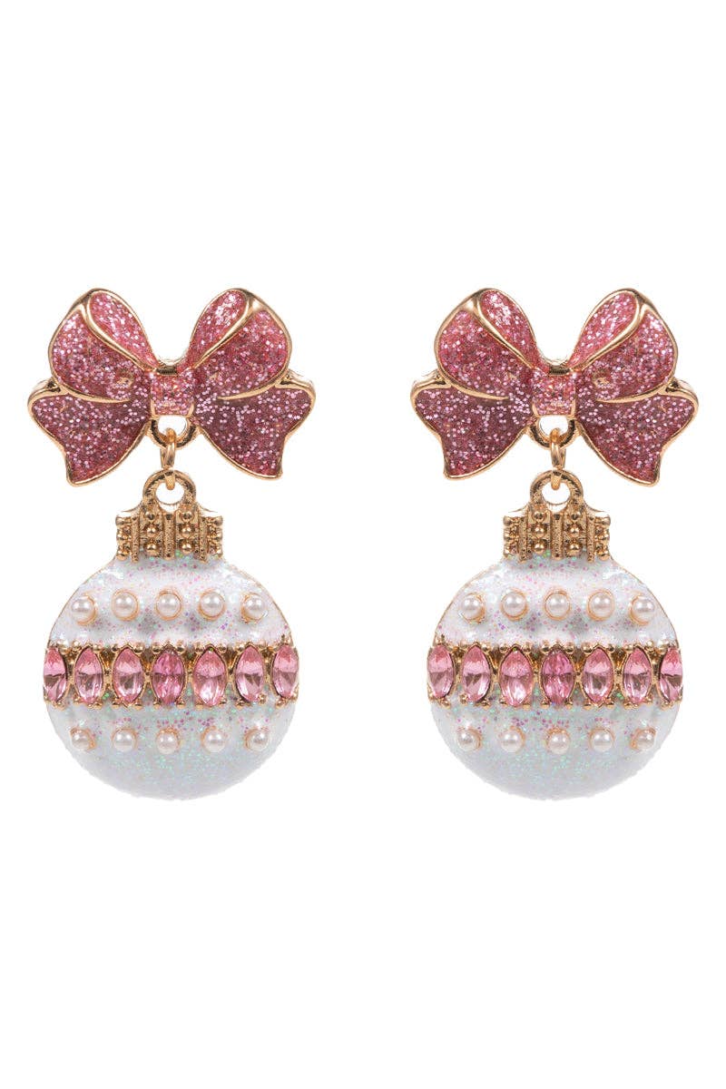 Pink and White Rhinestone Bow and Ornament  Earring