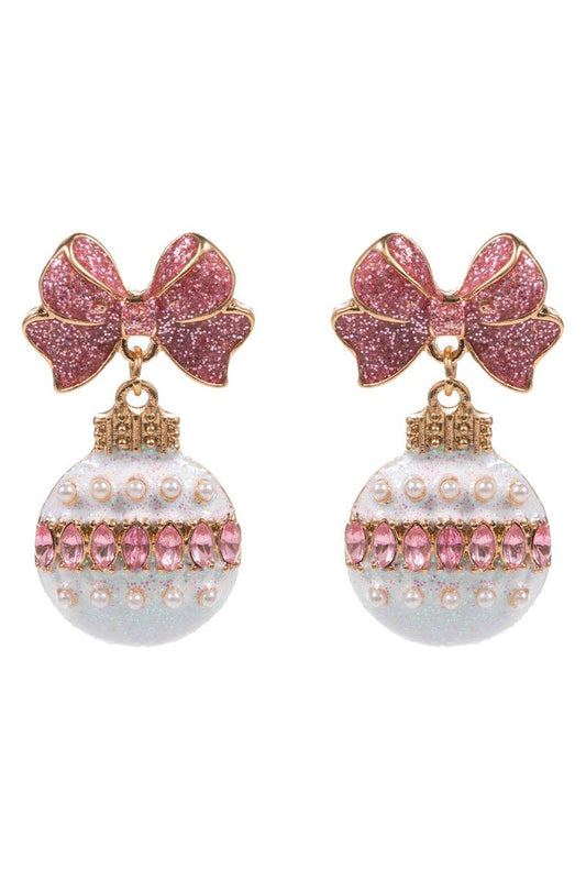 Pink and White Rhinestone Bow and Ornament  Earring