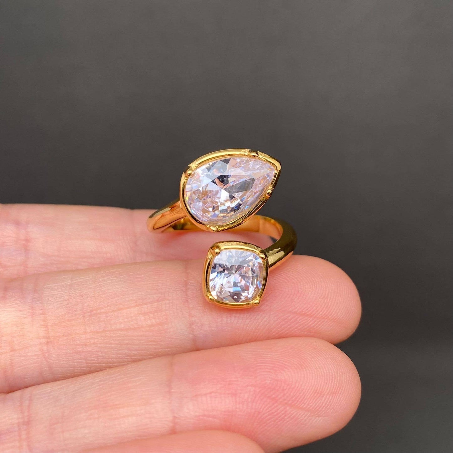 Double Zircon 18K Gold Plated Stainless Steel Ring