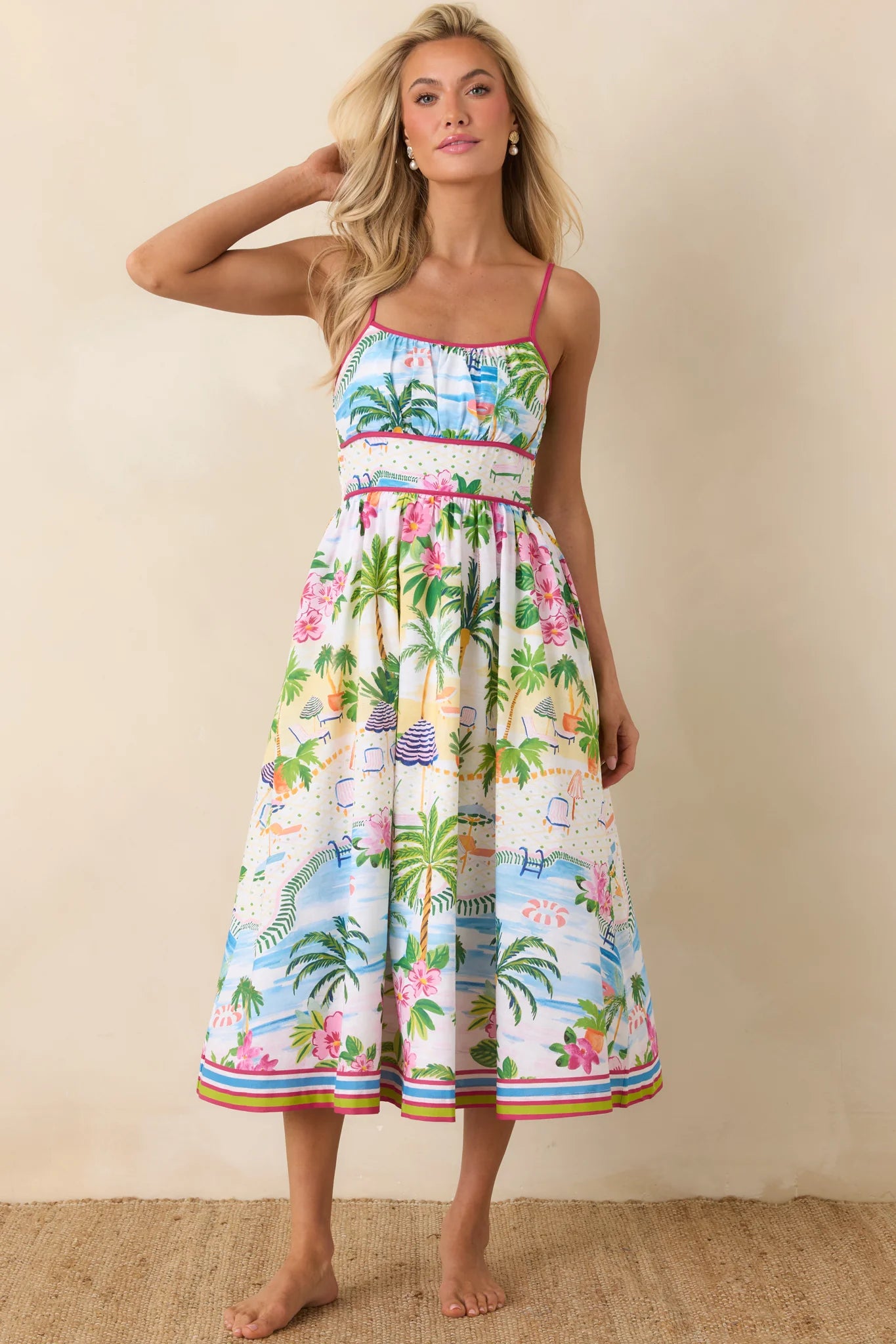 Paradisa Catalina Pink Muti Cotton Linen Poolside Print Midi Dress