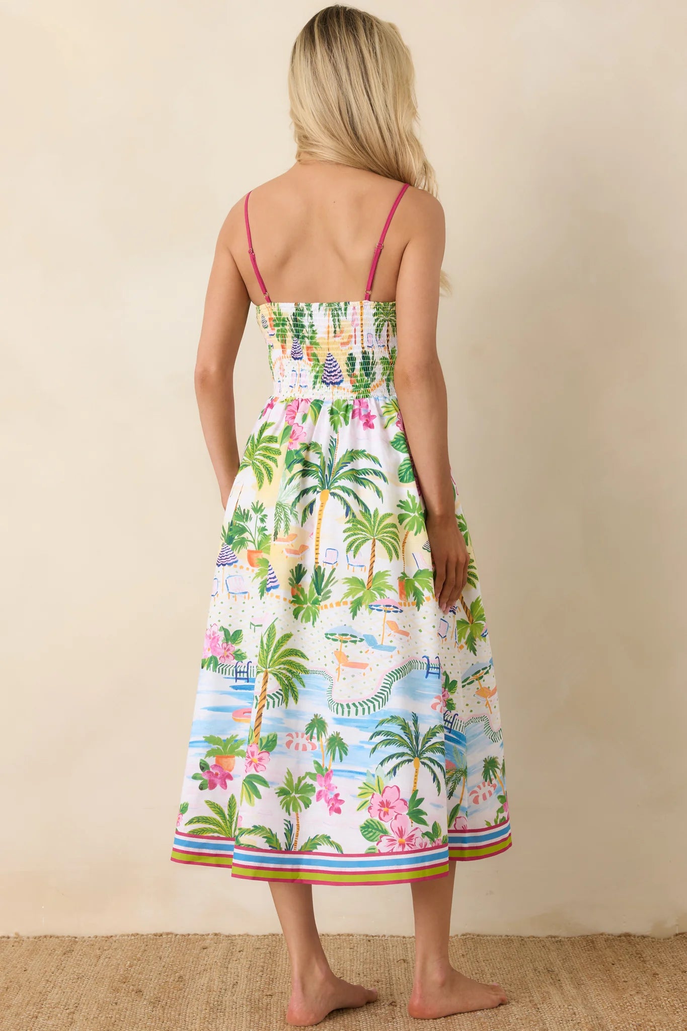 Paradisa Catalina Pink Muti Cotton Linen Poolside Print Midi Dress