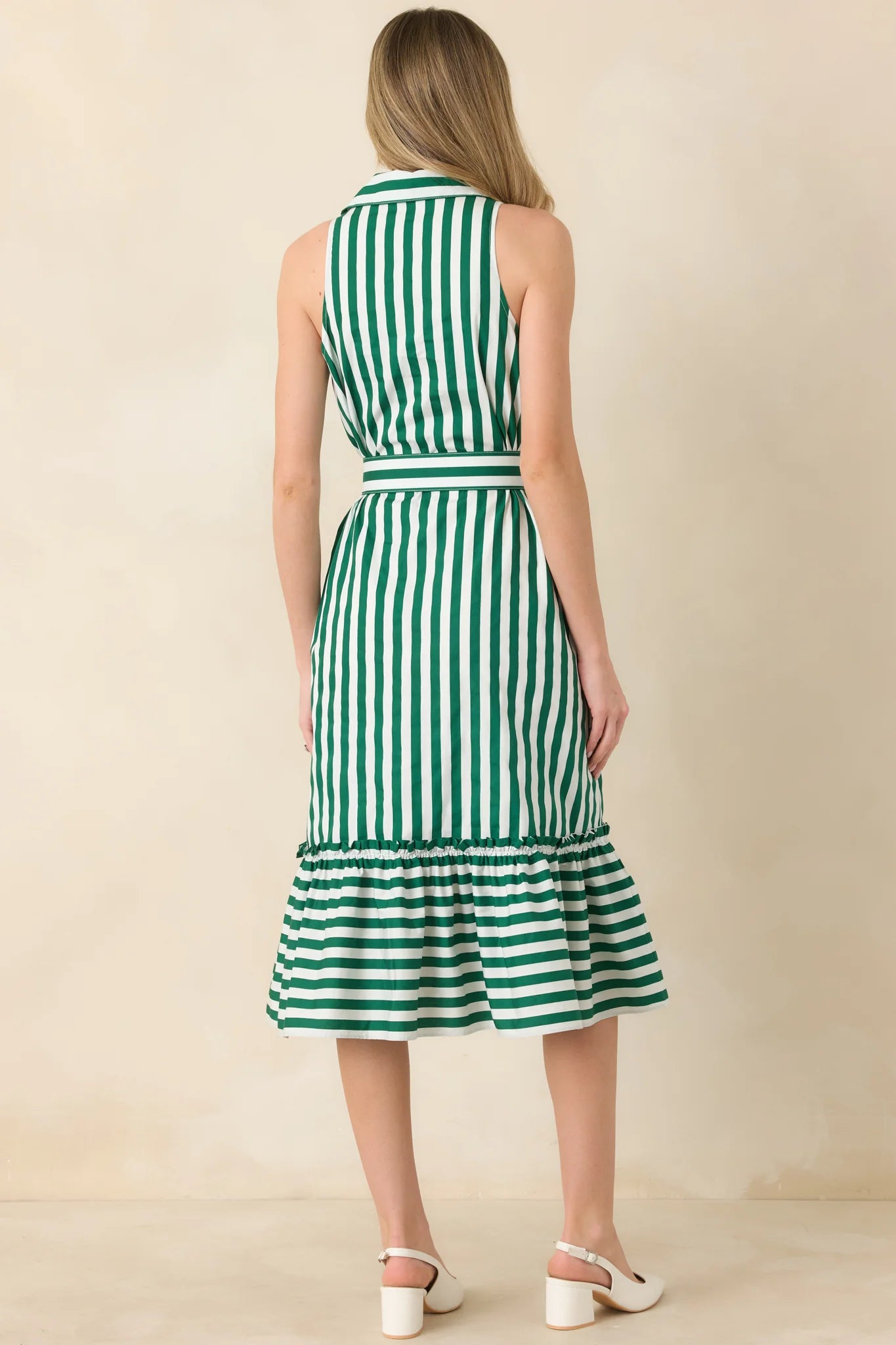 Prosperina Lourdes Green Stripe Cotton Sleeveless Midi Dress