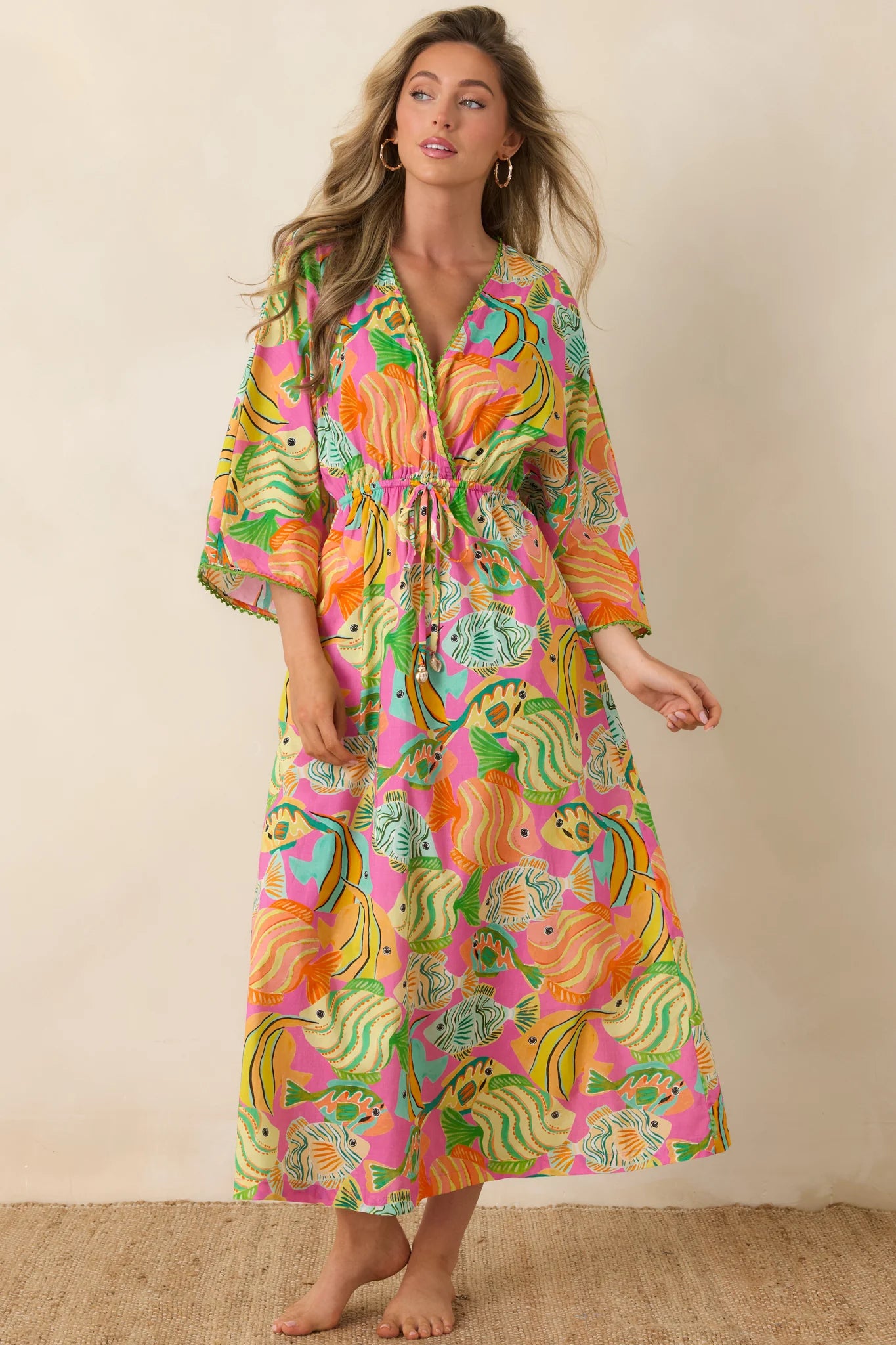 Paradisa Cabana Pink Multi Cotton Fish Print Caftan Dress