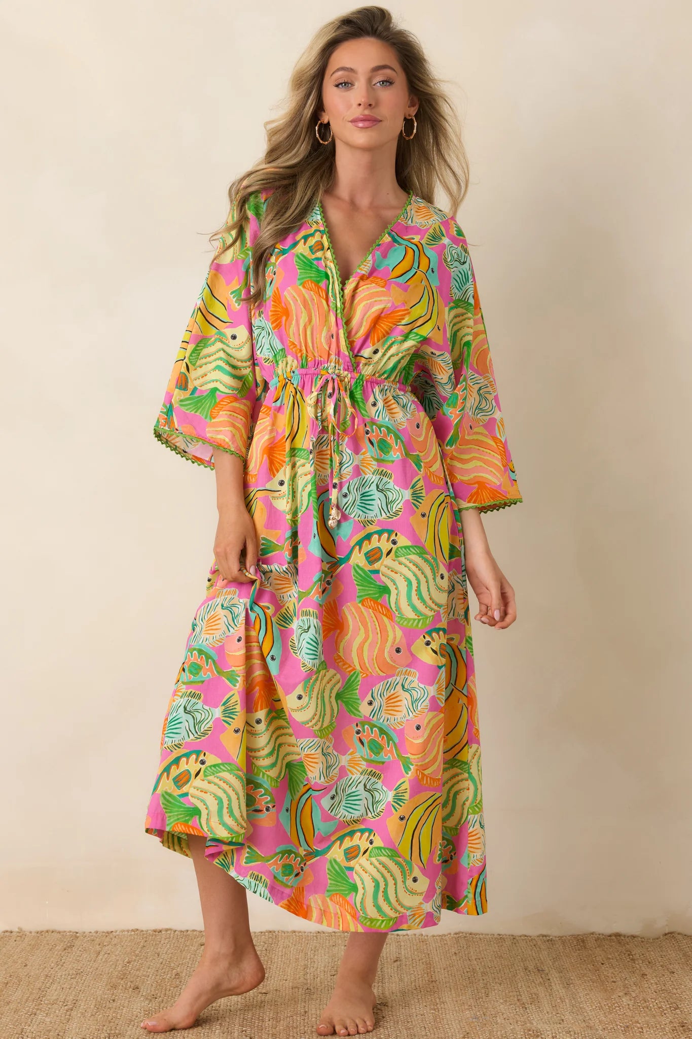 Paradisa Cabana Pink Multi Cotton Fish Print Caftan Dress Large
