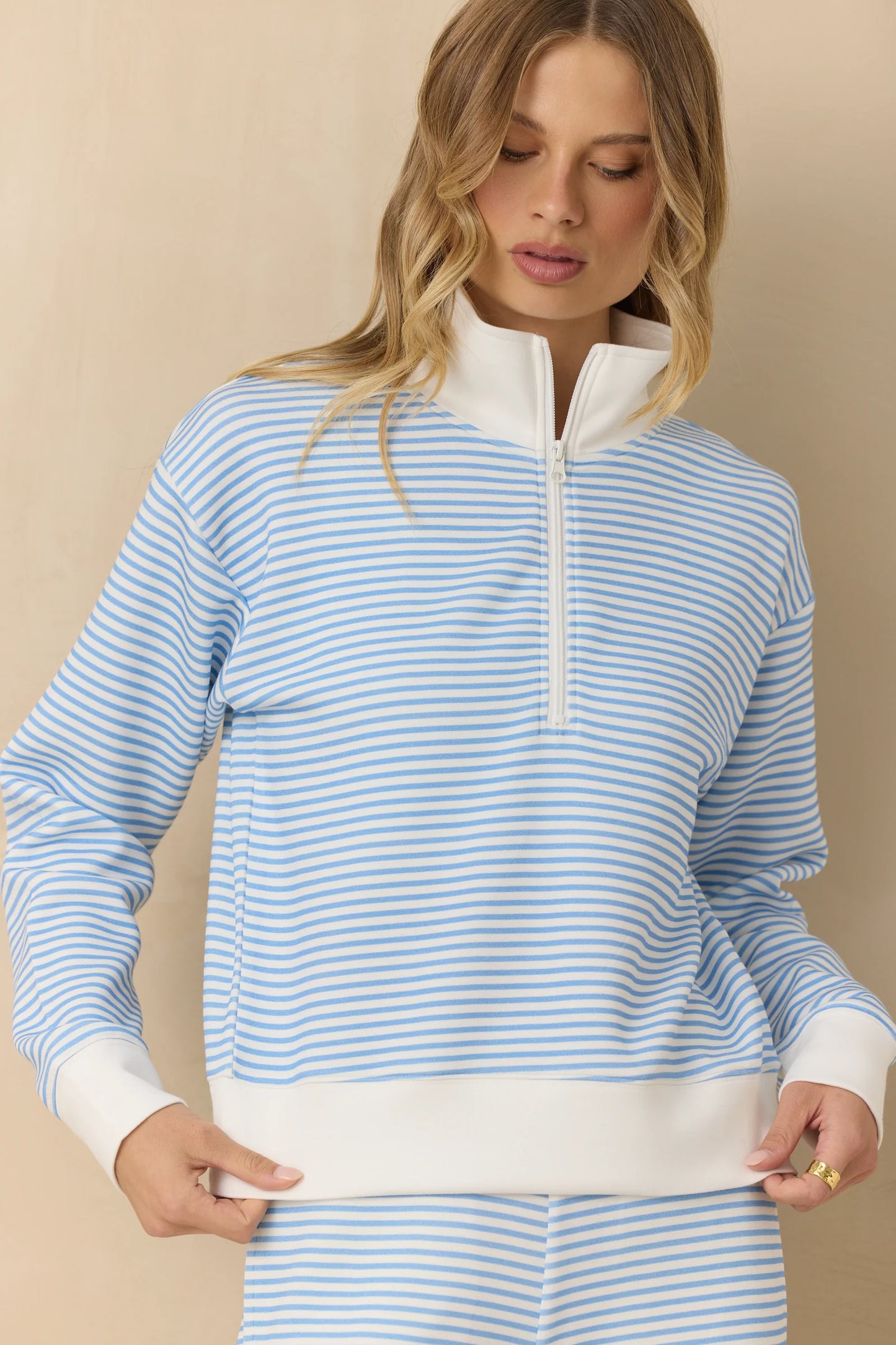 Salty Blue Striped Cloud Fleece Quarter Zip