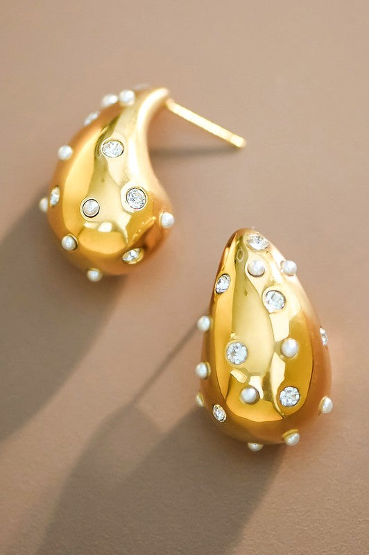 Pearl & Rhinestone Studded Raindrop Earrings