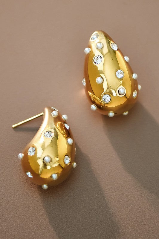 Pearl & Rhinestone Studded Raindrop Earrings