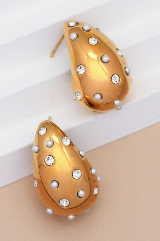 Pearl & Rhinestone Studded Raindrop Earrings