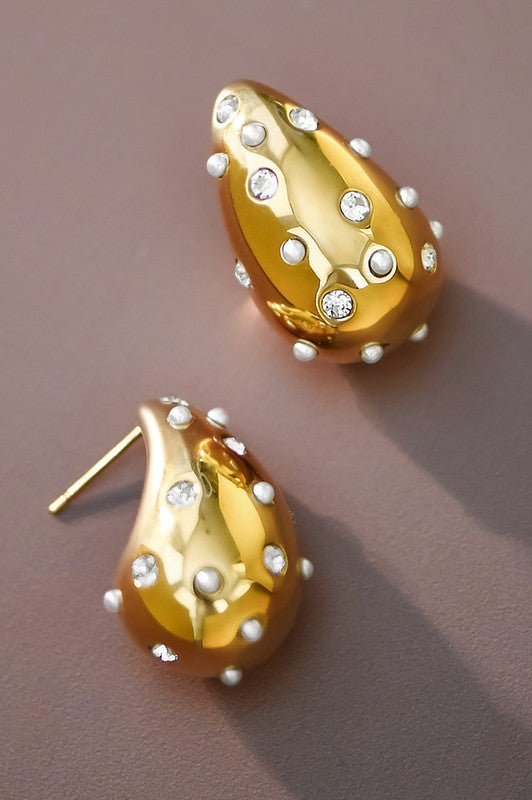 Pearl & Rhinestone Studded Raindrop Earrings