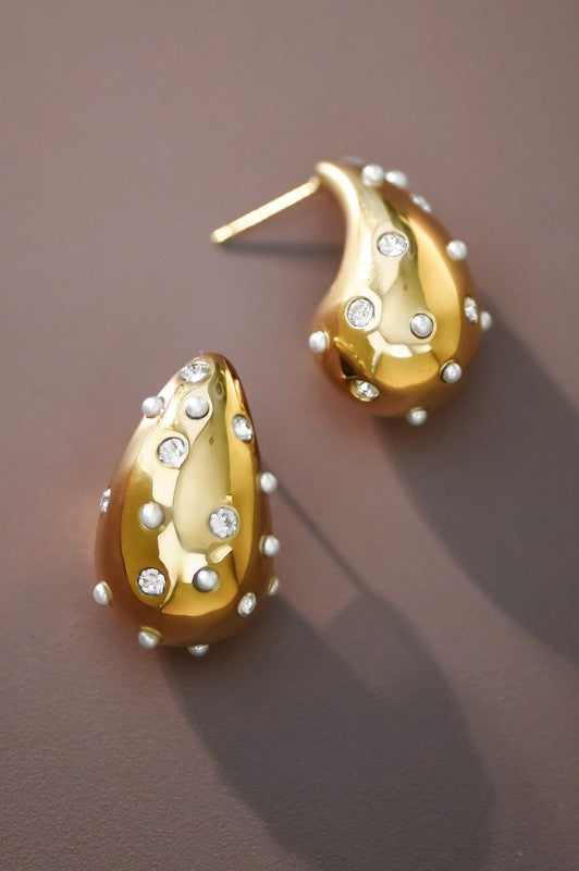 Pearl & Rhinestone Studded Raindrop Earrings