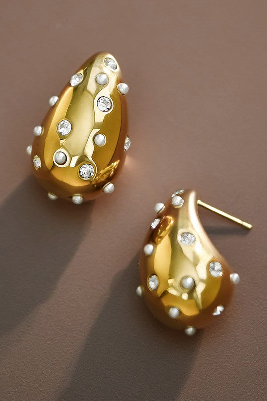 Pearl & Rhinestone Studded Raindrop Earrings