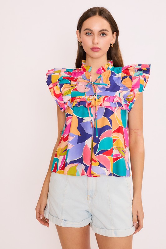 Geo Floral Ruffle Bib Top