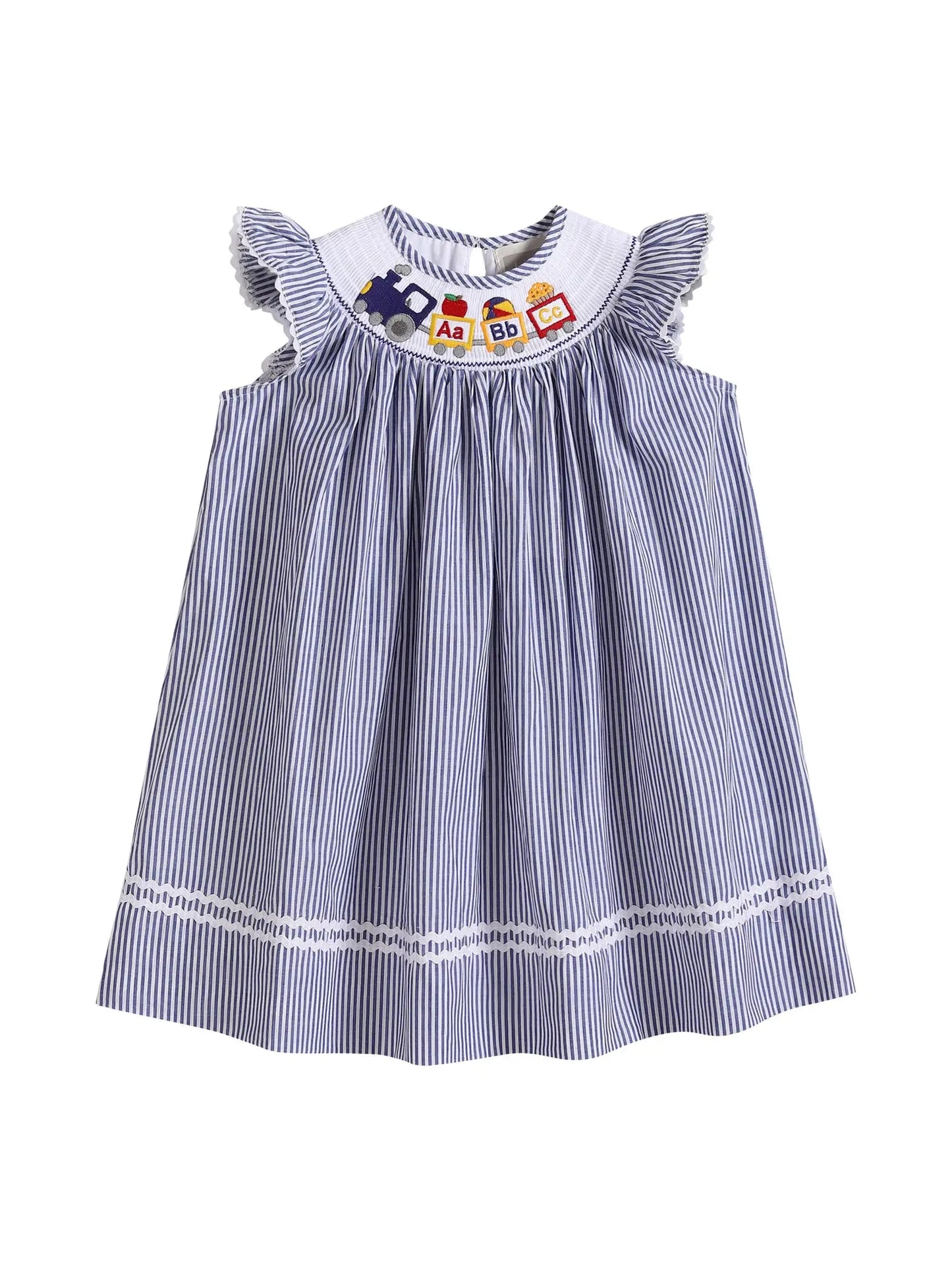 Blue Alphabet Train Smocked Bishop Dress