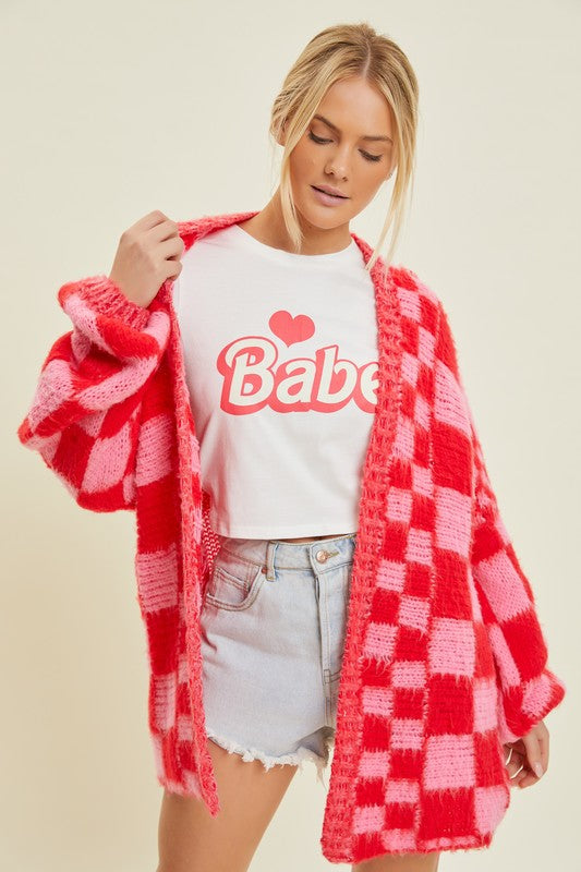 Bubblegum Cherry Oversized Checked Cardigan