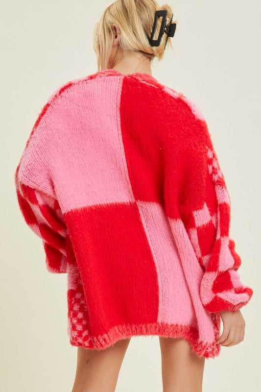 Bubblegum Cherry Oversized Checked Cardigan