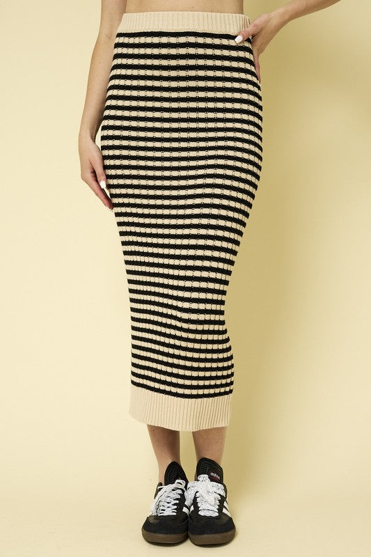 Striped Ribbed Sweater Midi Skirt