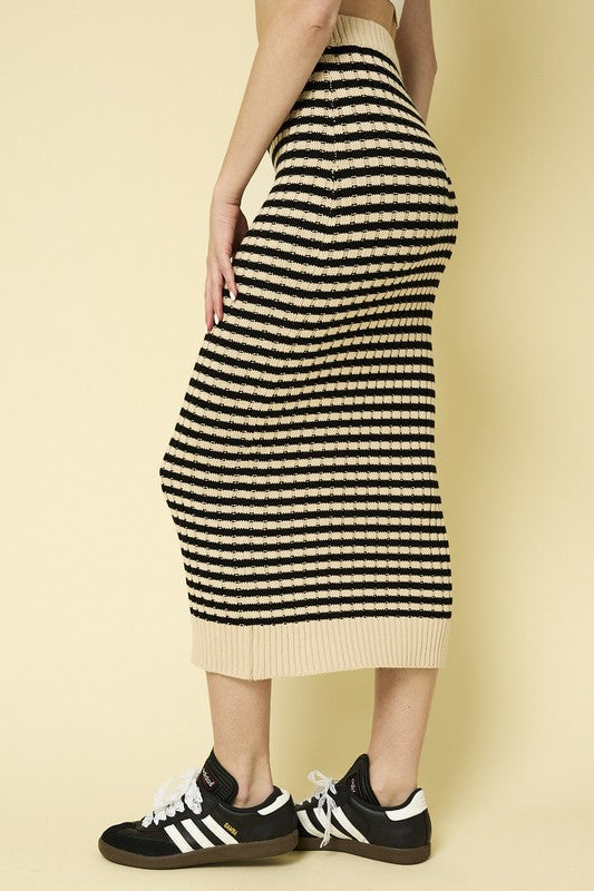 Striped Ribbed Sweater Midi Skirt