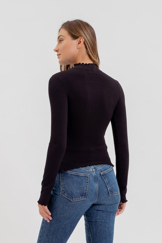 Lettuce Trim Mockneck Sweater Top Black