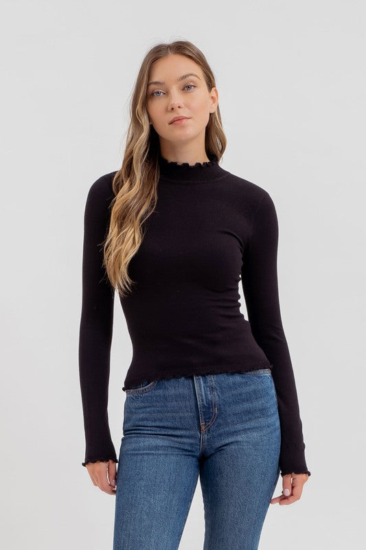 Lettuce Trim Mockneck Sweater Top Black