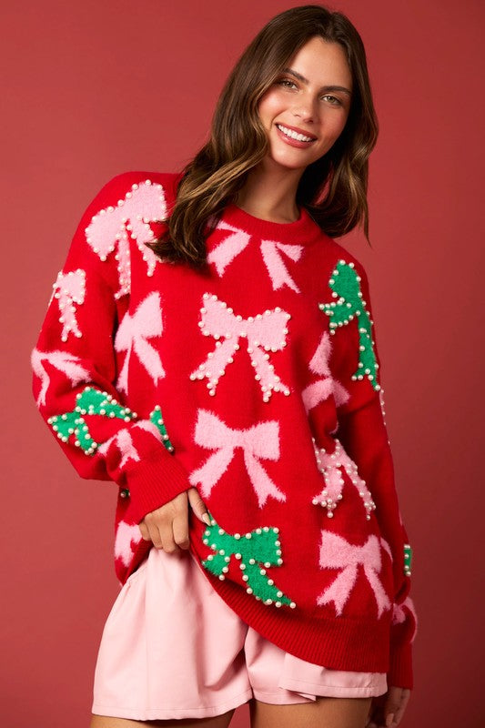 Pearl Bow Holiday Sweater