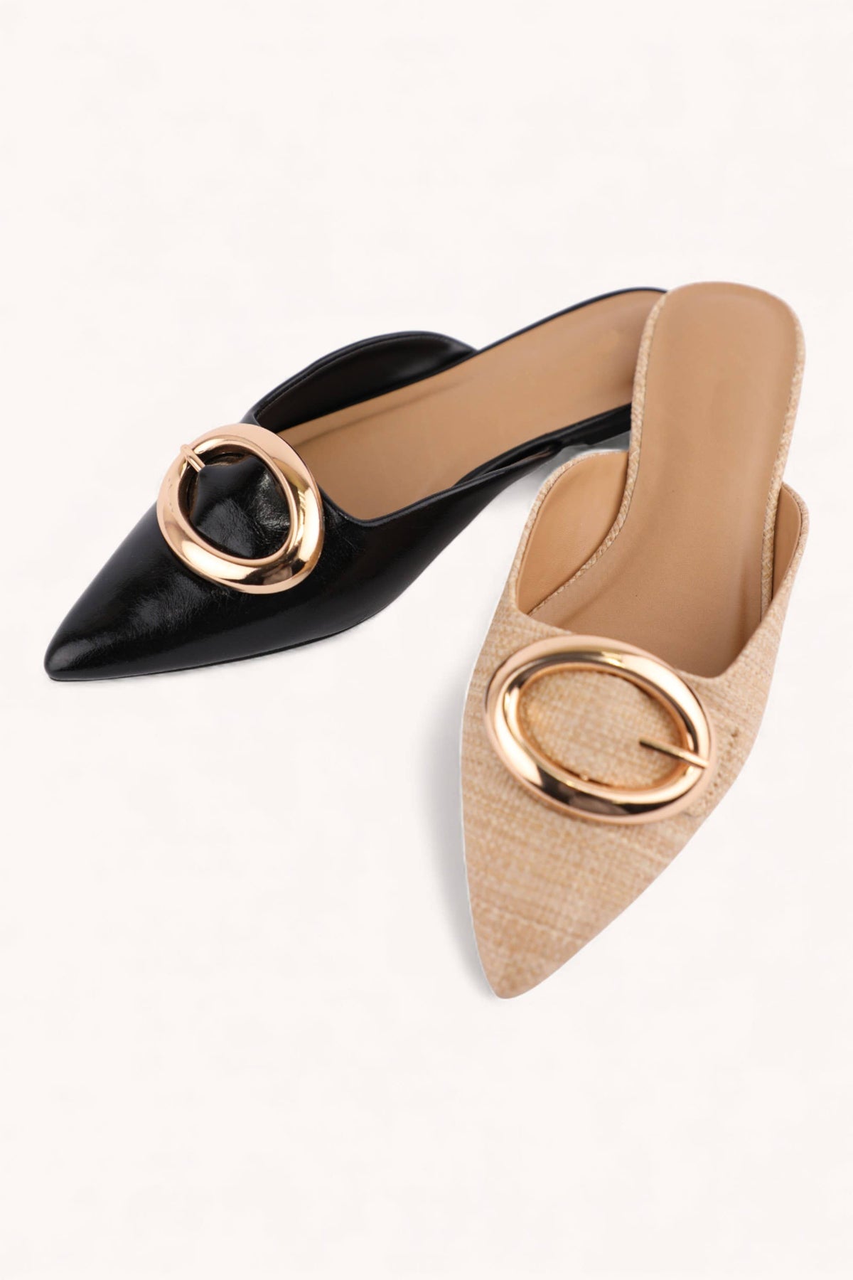 Jamie Modern Gold Buckle Pointed Toe Mules Black
