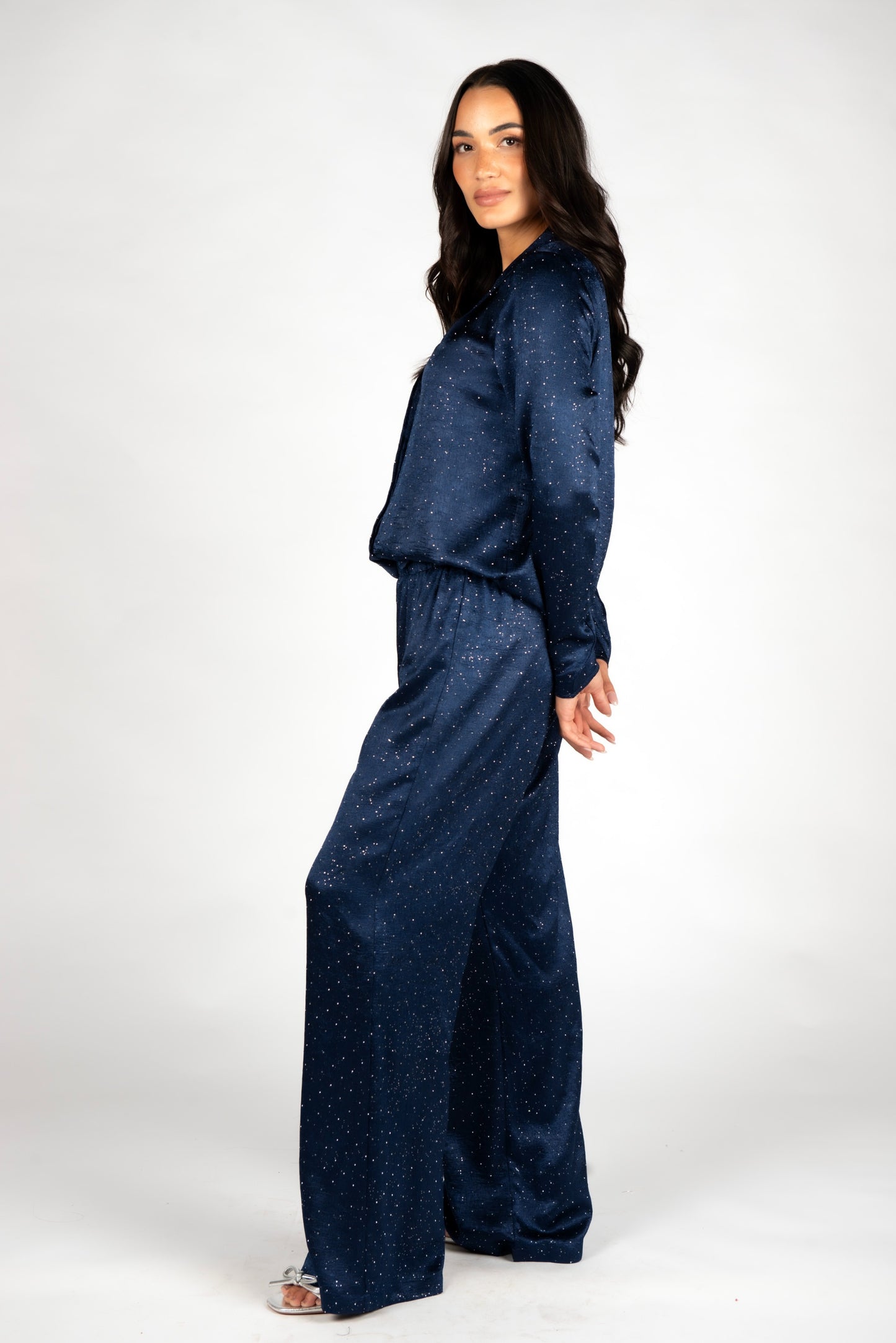 Billie Embellished Navy Satin Pants