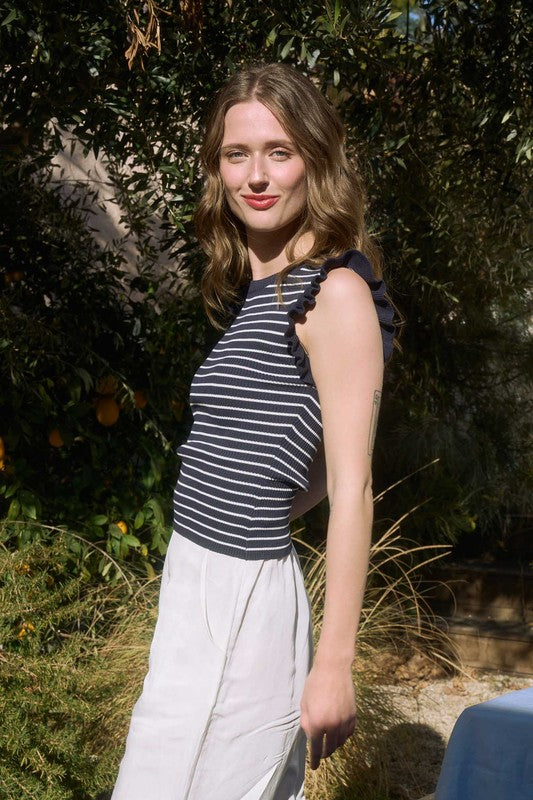 Stripe Ruffle Trim Sleeveless Sweater Tank