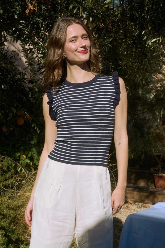 Stripe Ruffle Trim Sleeveless Sweater Tank