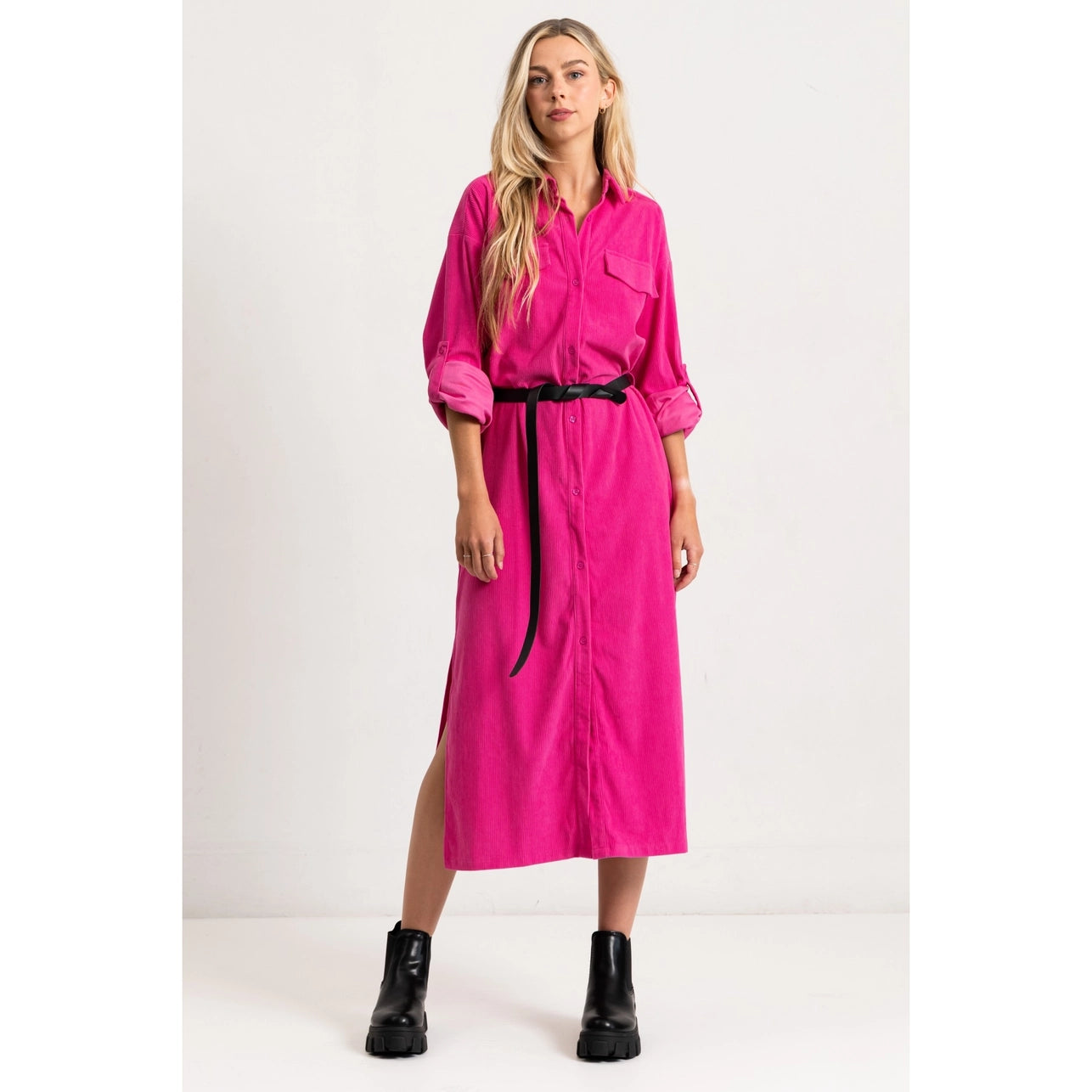 Corduroy Roll Up Sleeve Shirt Dress