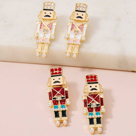 Christmas Glitter Enamel Nutcracker Drop Earrings