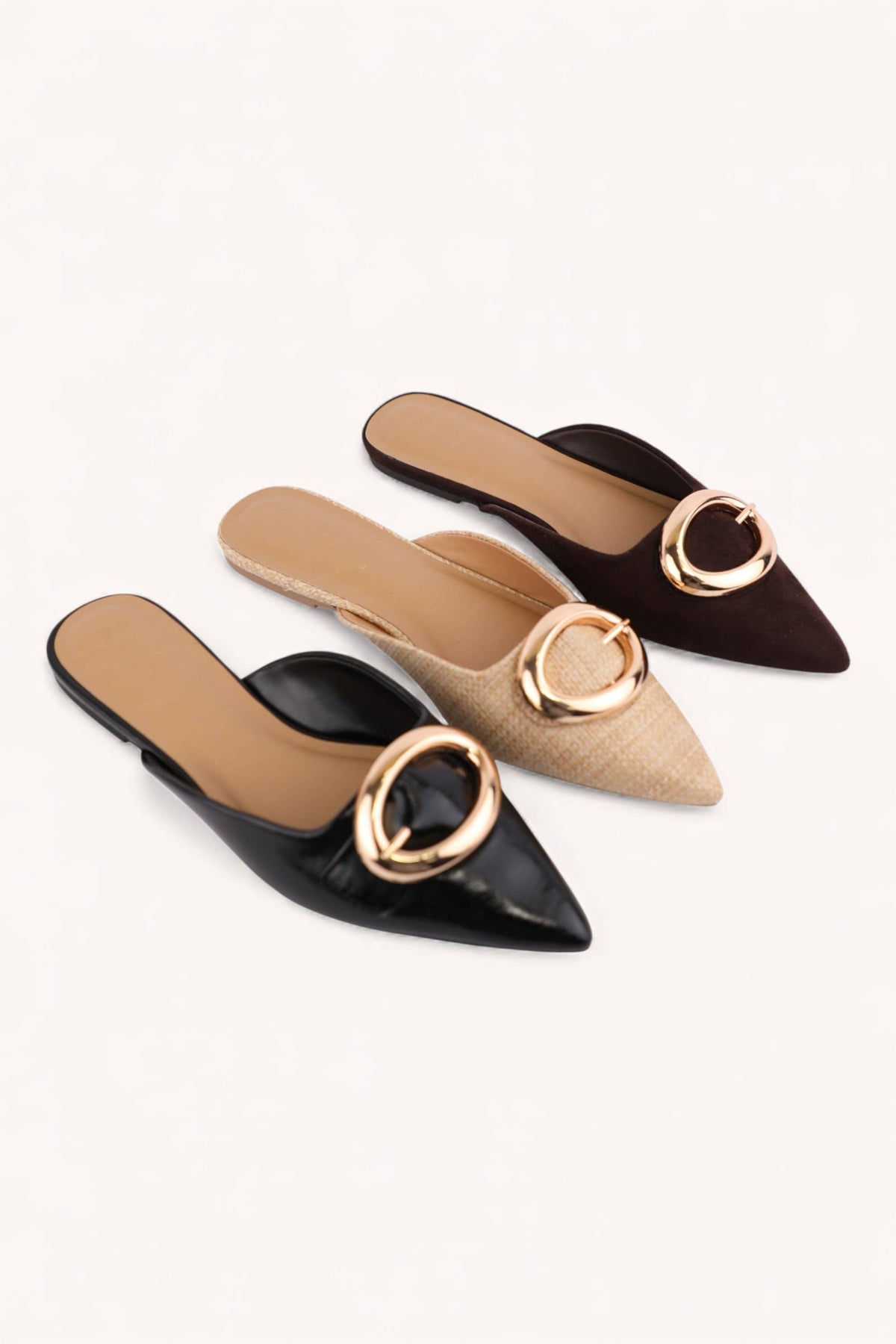 Jamie Modern Gold Buckle Pointed Toe Mules Black