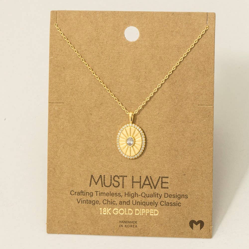 Gold Dipped Intricate Cz Halo Oval Pendant Necklace