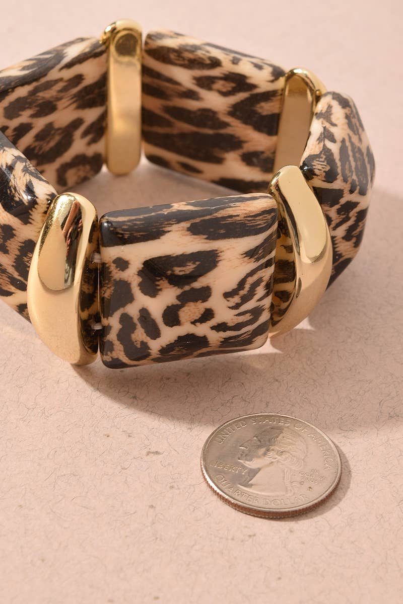 Leopard Print Resin & Gold Stretch Bracelet