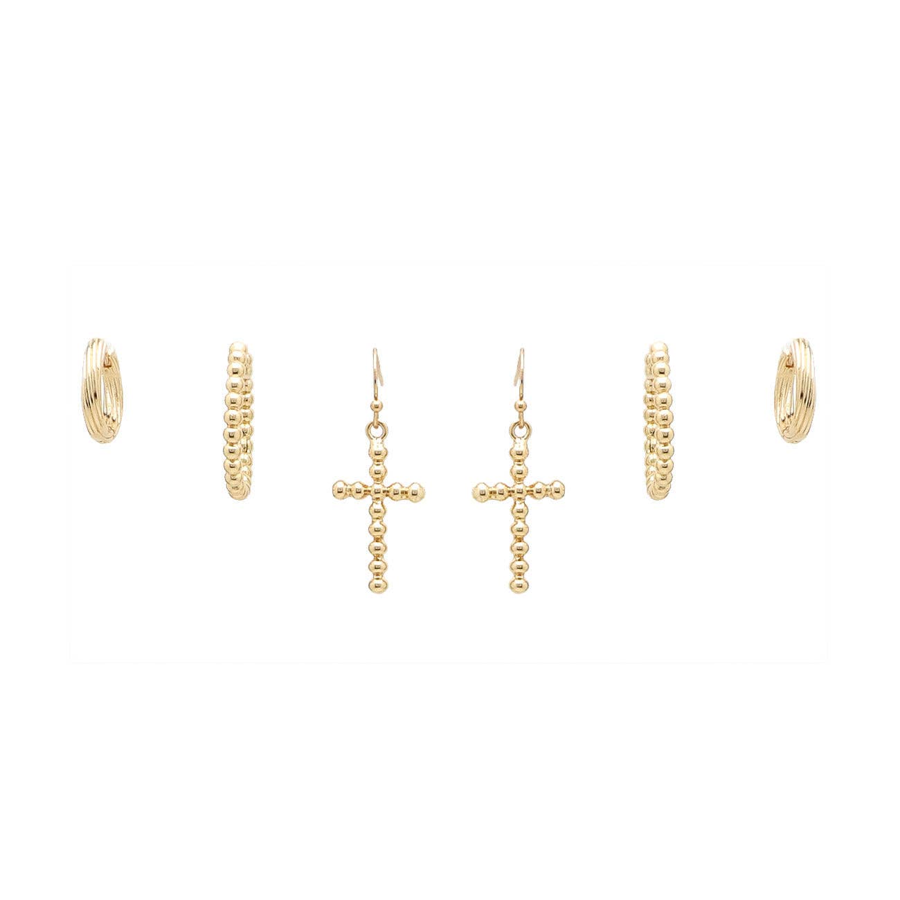 Set of 3 Gold Cross and Hoop Earring Studs