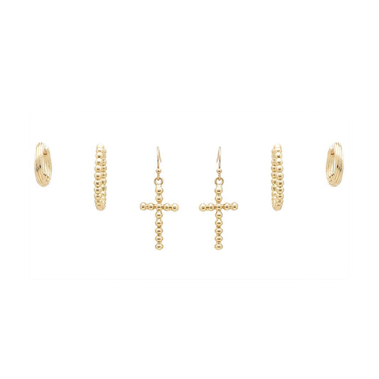 Set of 3 Gold Cross and Hoop Earring Studs