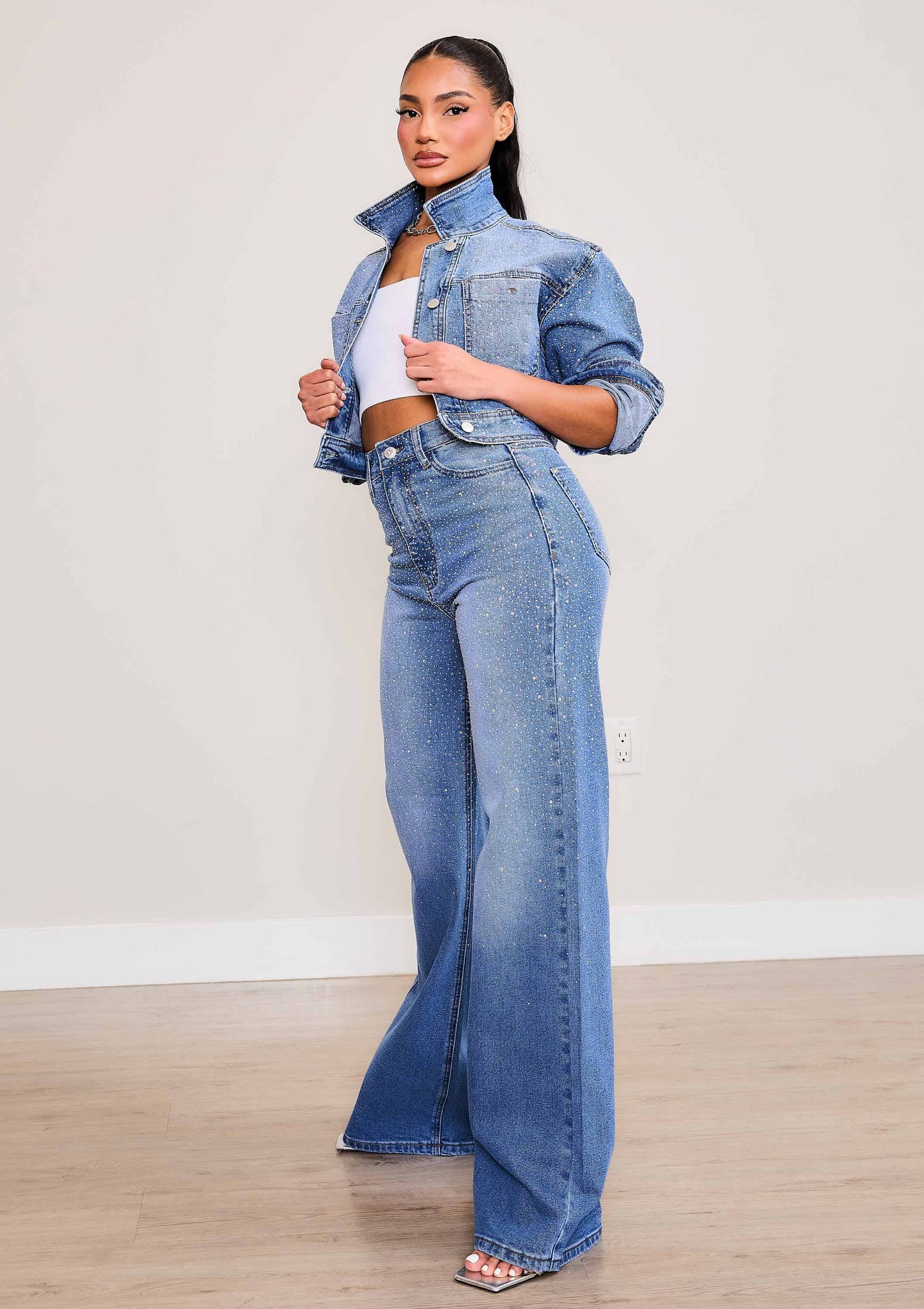 Iridescent Rhinestone High-Rise Wide Leg Jeans