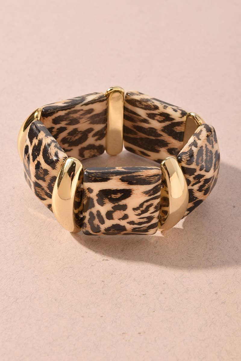 Leopard Print Resin & Gold Stretch Bracelet