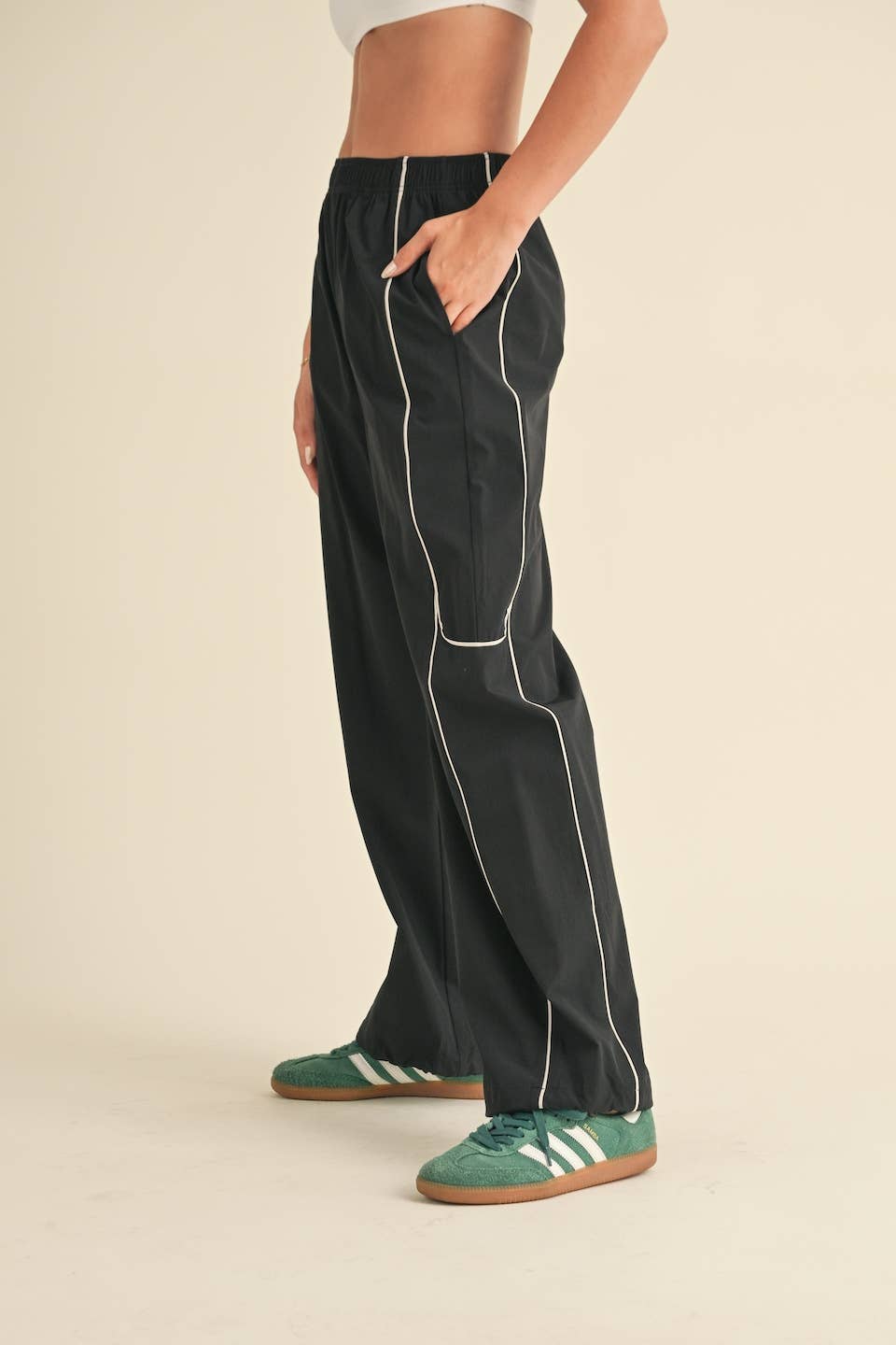 Black Nylon Track Pants with Contrast Piping
