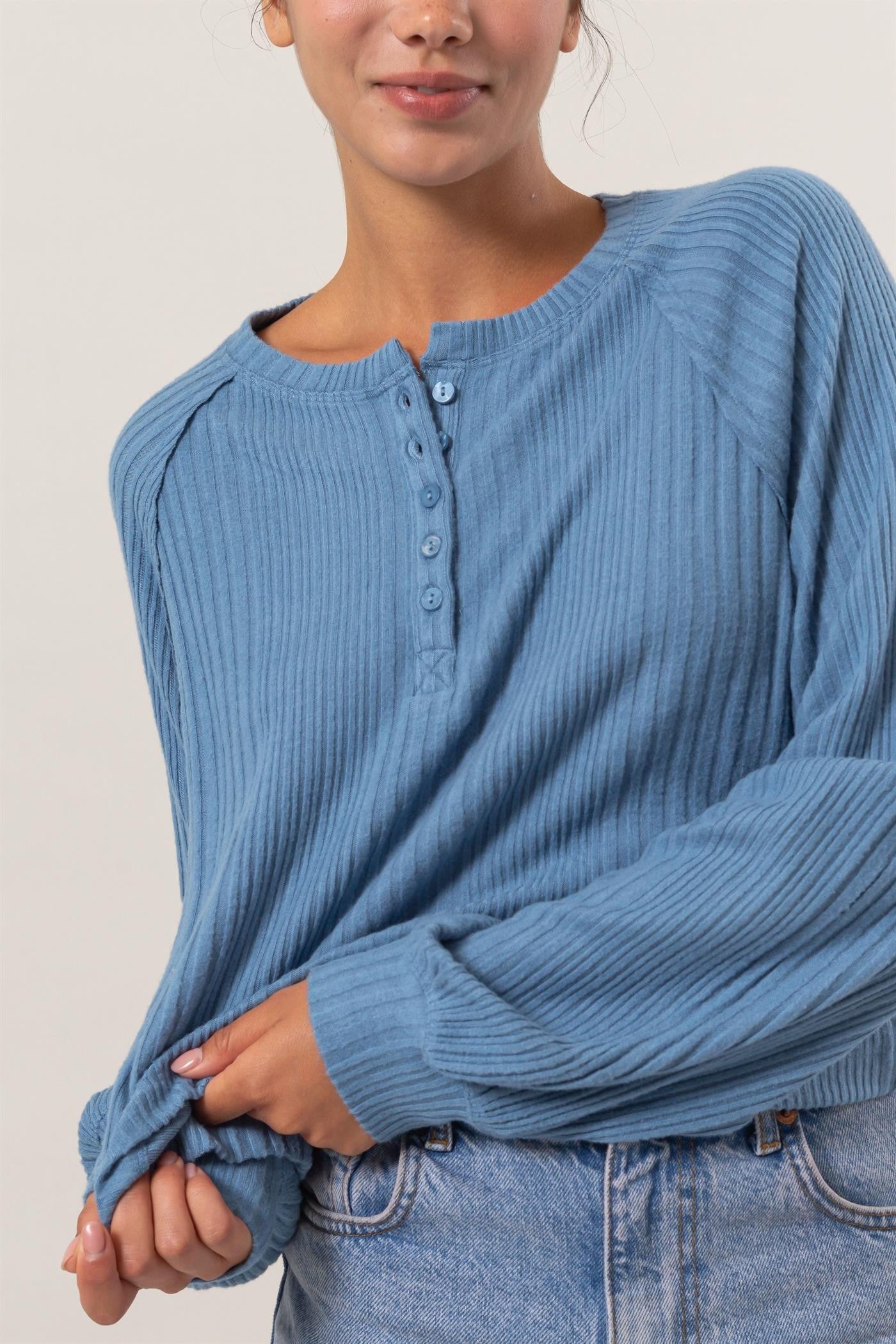 Blue Ribbed Oversized Henley Top