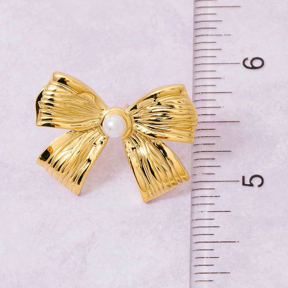 Gold Dipped Pearl Stud Ribbon Bow Large Stud Earrings