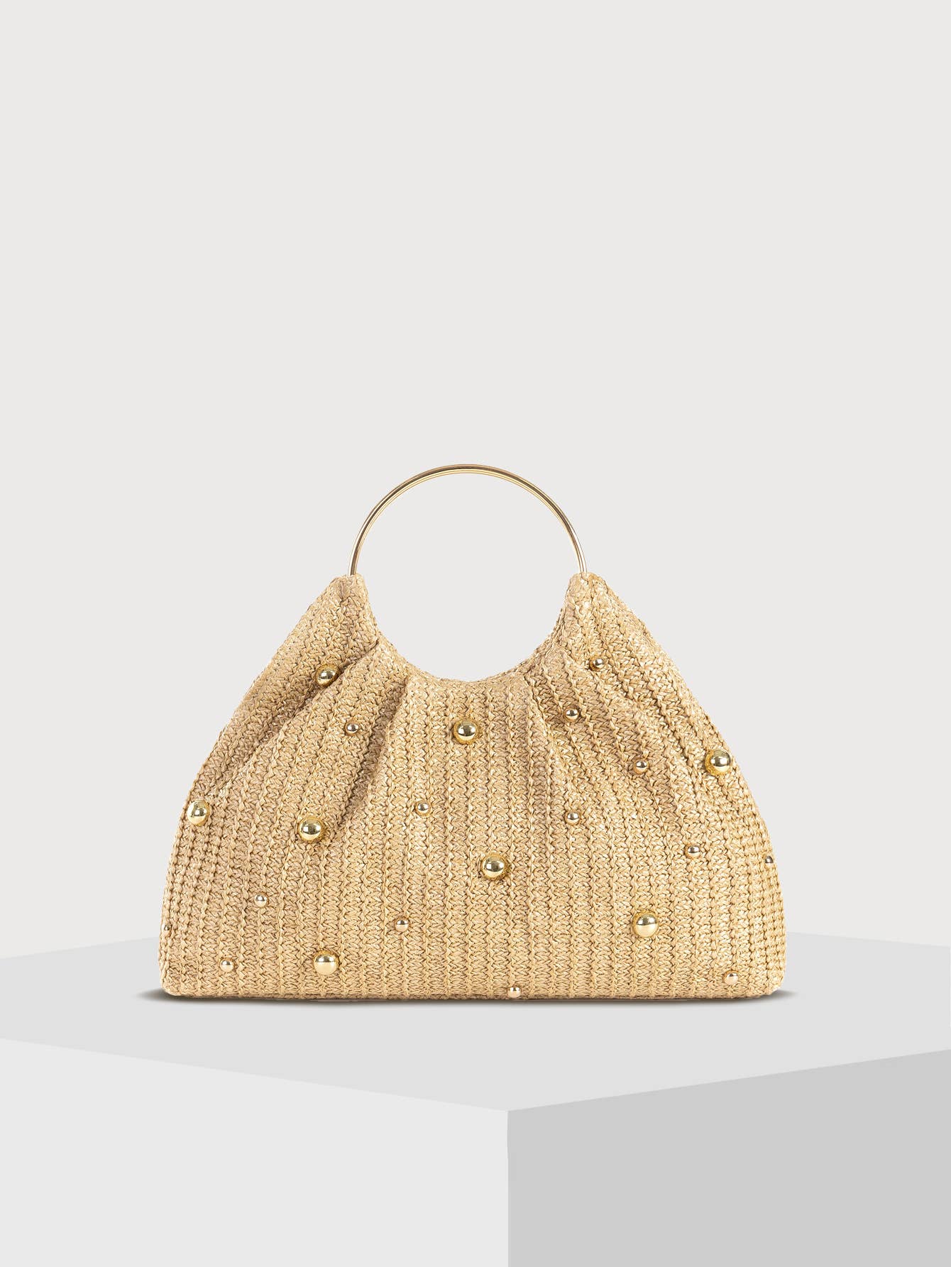 Studded Straw Ring Handle Handbag