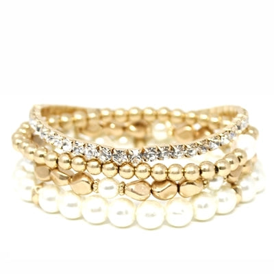 Pearl, Pave & Gold Stretch Bracelet Set