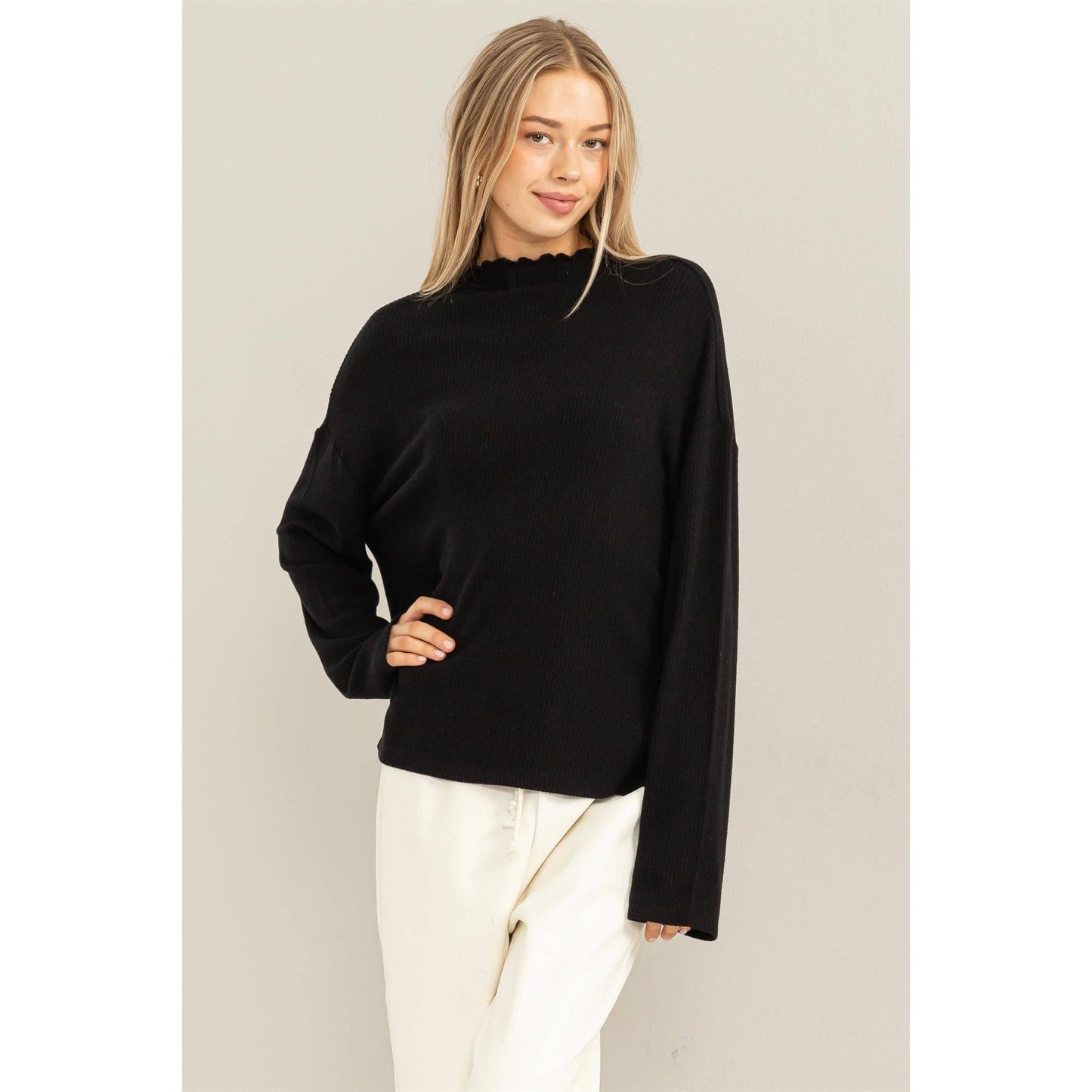 Black Oversized High Neck Top With Side Slit