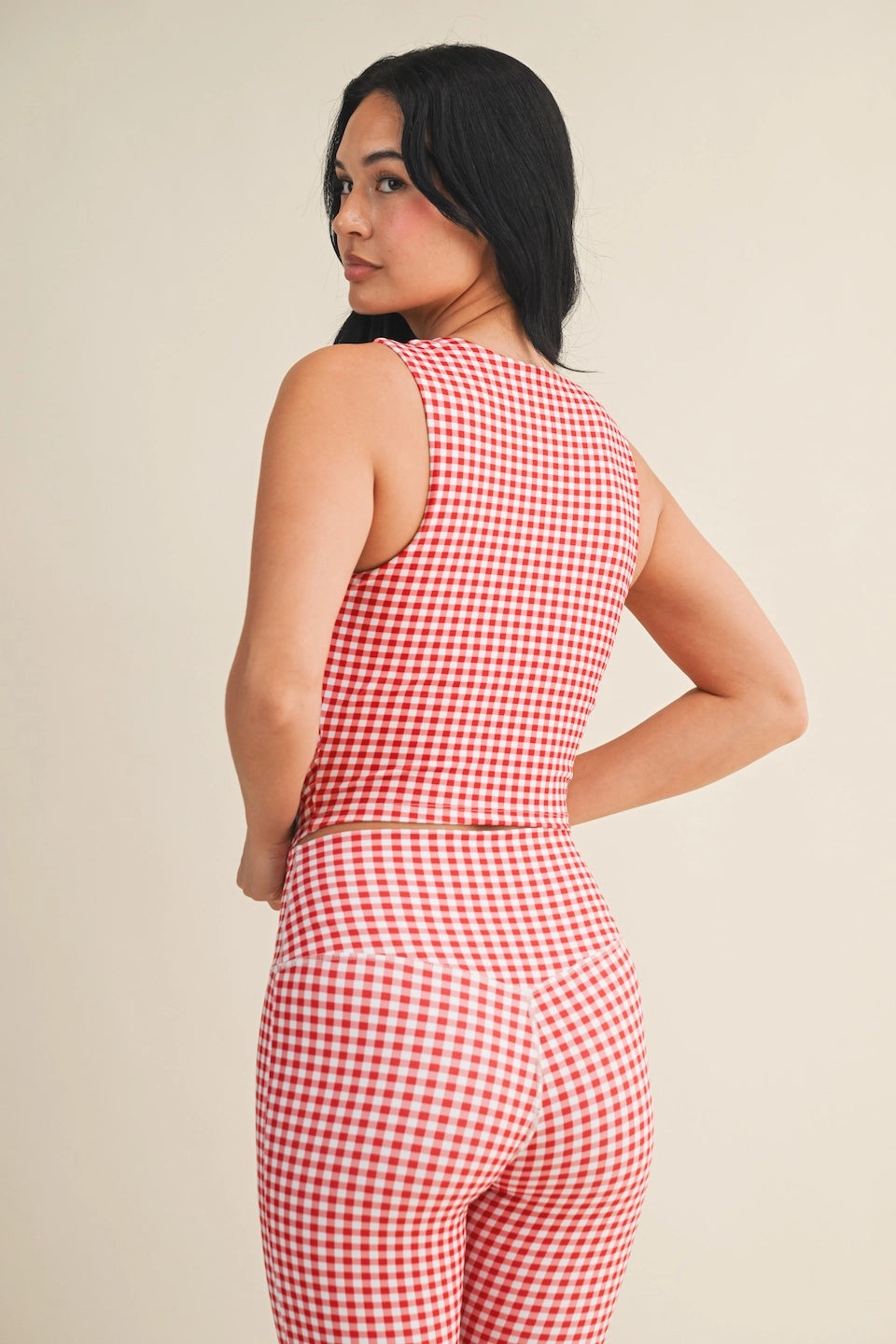 Red Gingham Print Wide Strap Fitted Tank