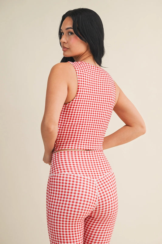 Red Gingham Print Wide Strap Fitted Tank