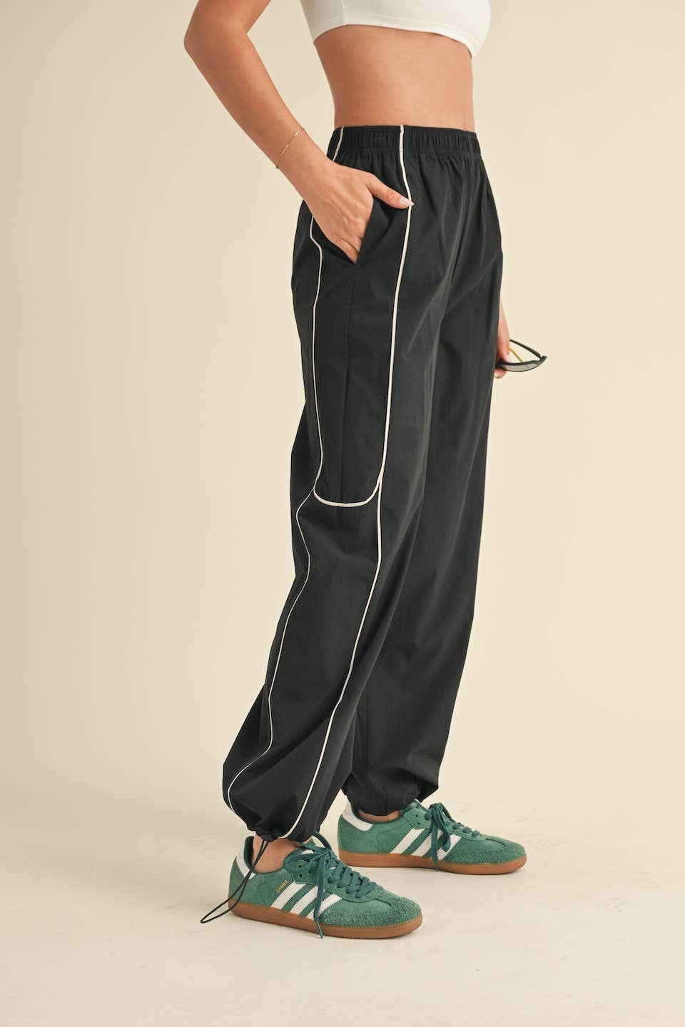 Black Nylon Track Pants with Contrast Piping