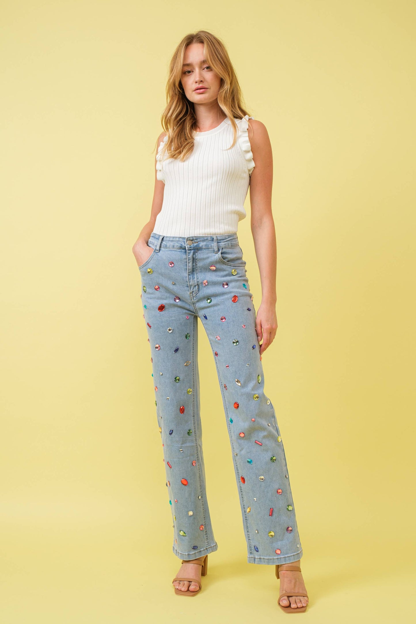 Mid Rise Rainbow Jewel Embellished Denim Jeans