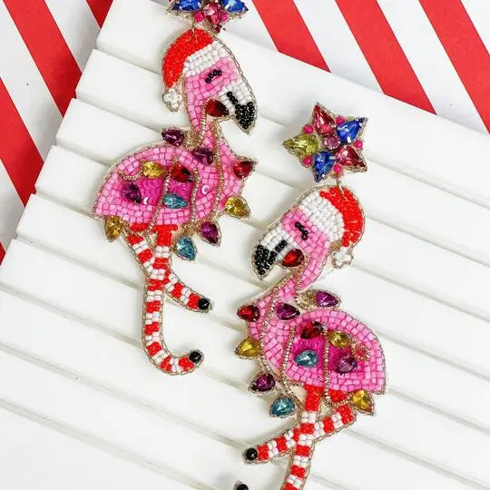 Glitzy Christmas Flamingo Beaded Earrings